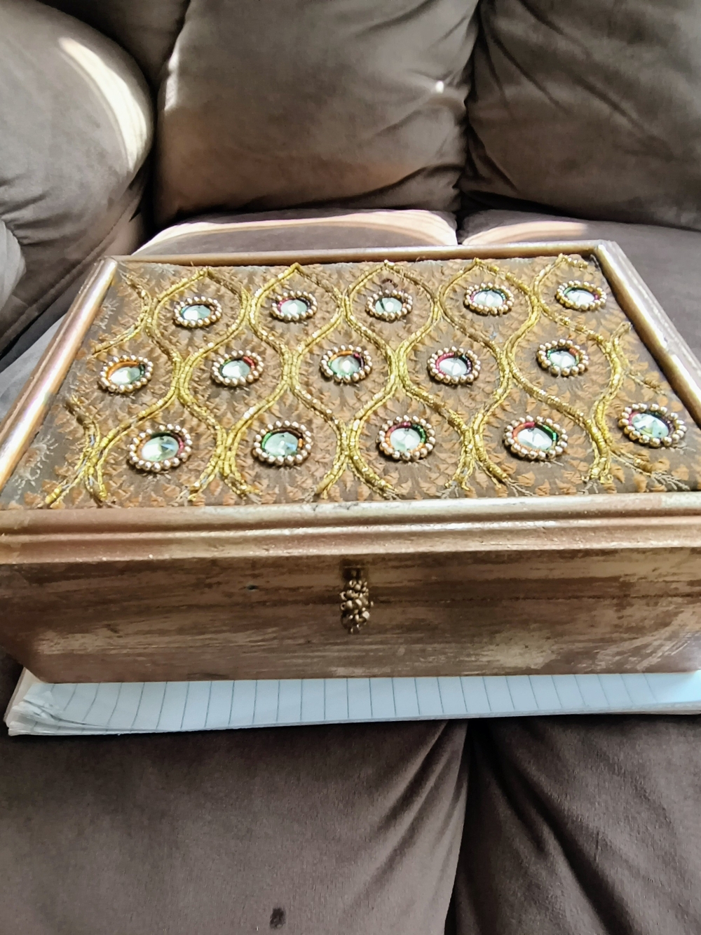 Pier 1 Decorative Jewelry Box in Gold and Brown Used 10 X 7 X 3 1/2
